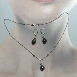 Sterling Silver Chain and Earring with Black Tahitian Drop Pearl Set.